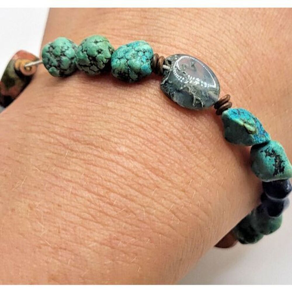 Gemstone Dyed Howlite Green Veined Agate Lapis Chalcedony Bracelet 7in - Picture 2 of 4
